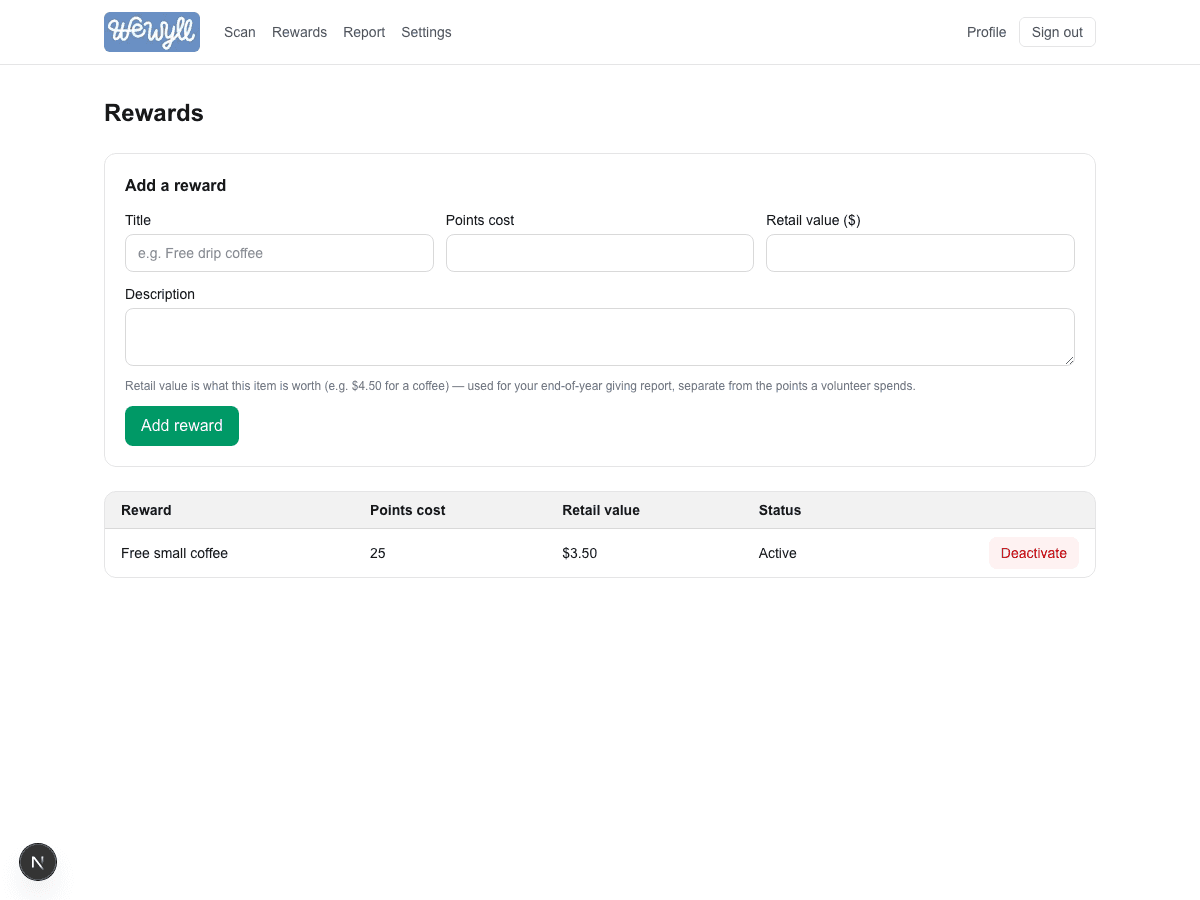 The WeWyll business dashboard, showing a form to add a reward and its points cost and retail value.