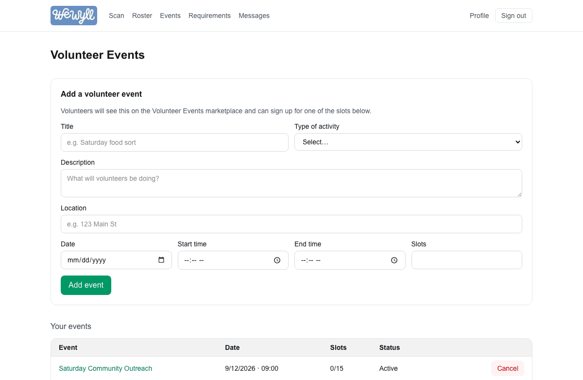 The WeWyll nonprofit dashboard, showing a form to add a volunteer event and a list of an organization's upcoming events.