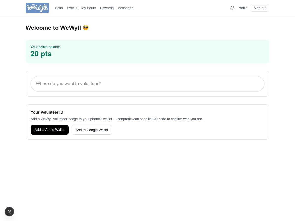 The WeWyll volunteer dashboard, showing a points balance, a nonprofit search bar, and a volunteer ID for Apple and Google Wallet.